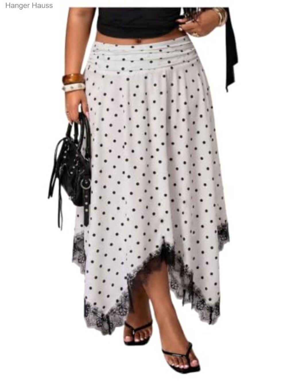 Plus Size Polka Dots Lace Trim Midi A Line Flowy Skirt